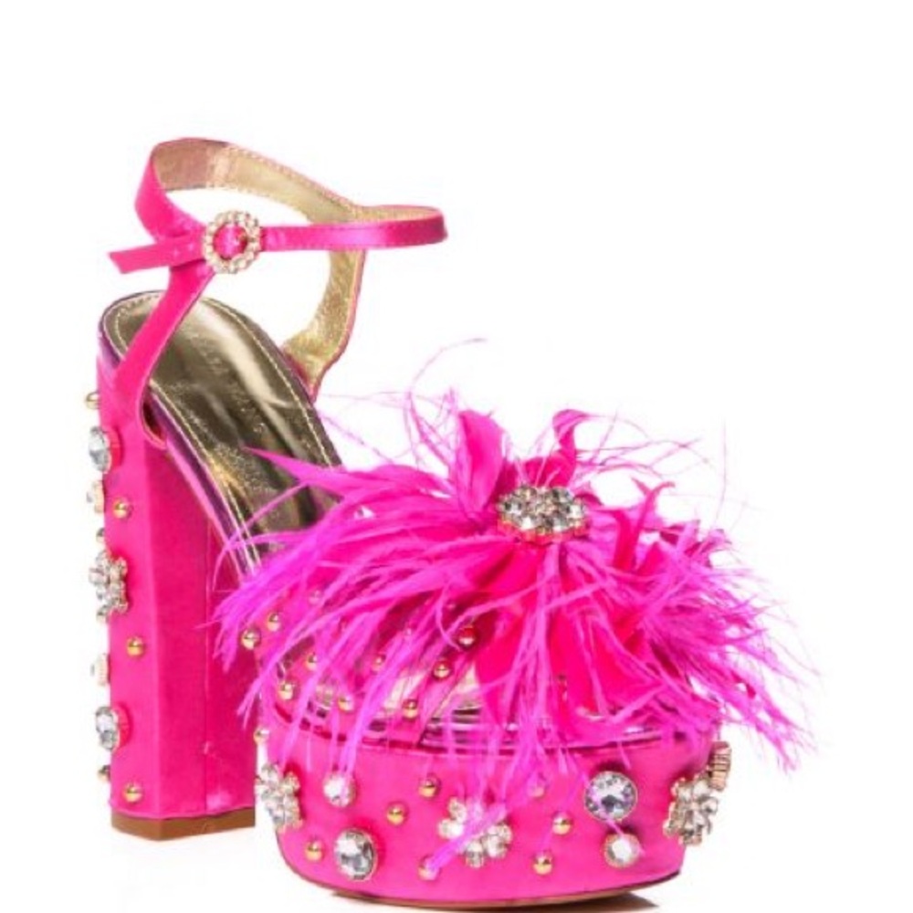 Hot Pink Feather Embellished Platform Heels - Women - Picture 3 of 5